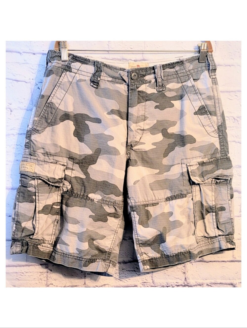 American Living Cargo Gray Camo Shorts Size 34 Gorpcore Outdoors Hiking Casual